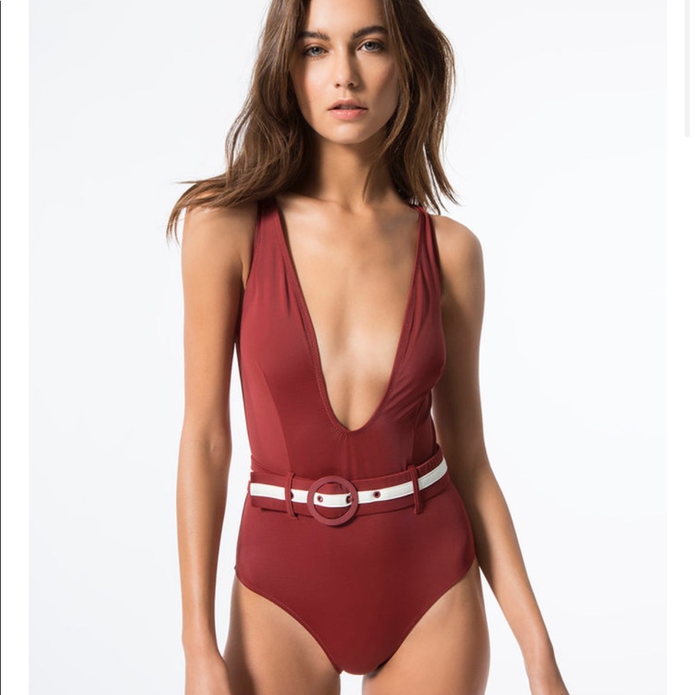 Solid and Striped one piece red belted swimsuit